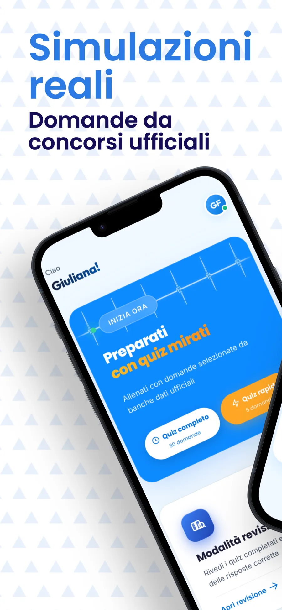 Schermata home di Infermierando: simulazioni con domande da concorsi ufficiali, quiz completo da 30 domande e quiz rapido
