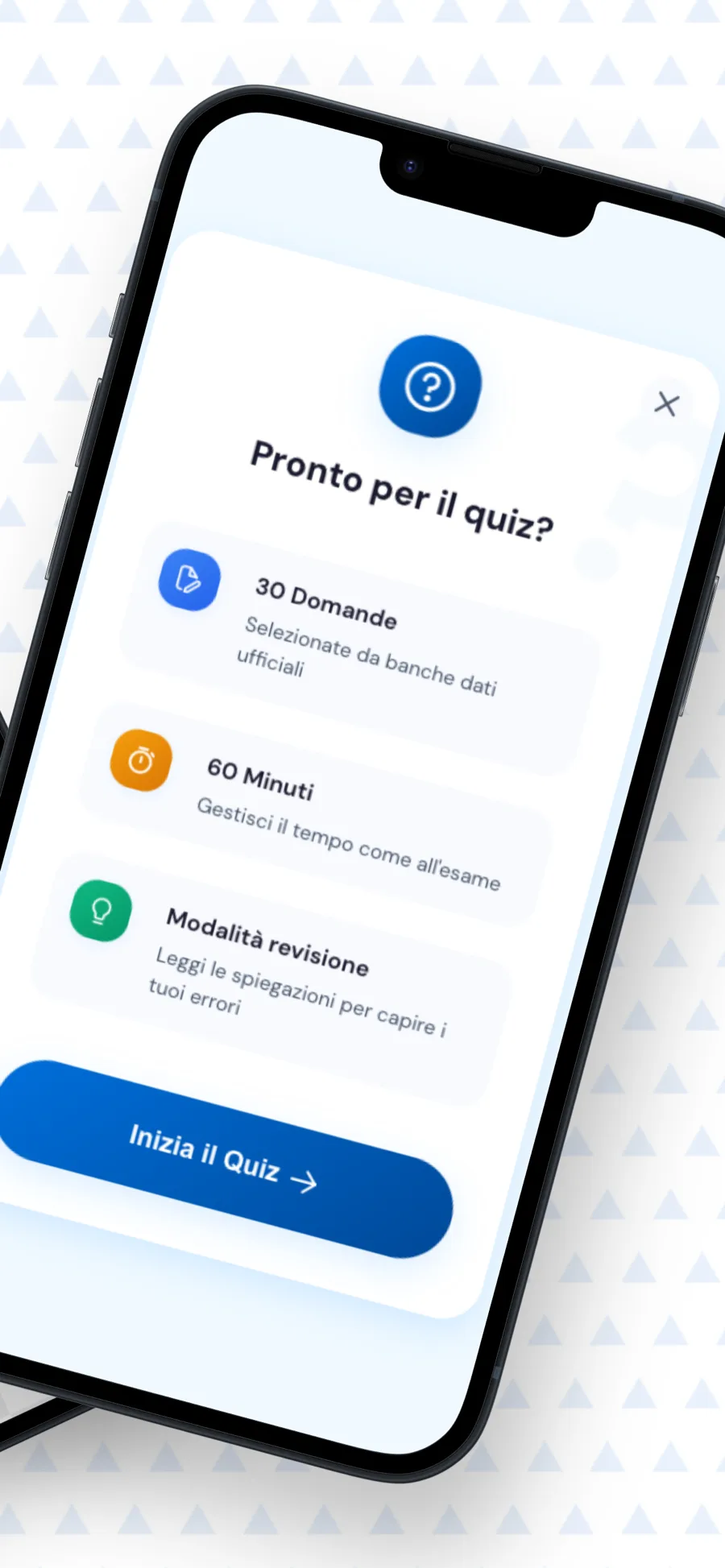Schermata di avvio quiz: 30 domande da banche dati ufficiali, 60 minuti di tempo e modalità revisione